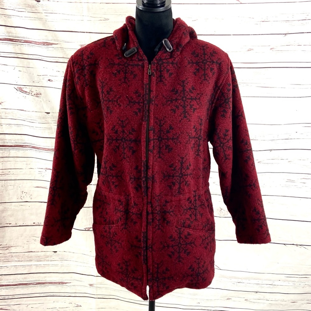 Vintage Woolrich Jacket Women’s Small Red Black Wool‎ Snowflake Full Zip Hoodie.